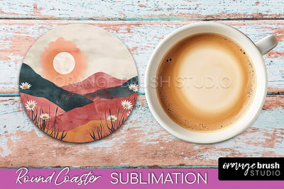 Boho Round Coaster Sublimation, Minimalist Landscape Design Sublimation OrangeBrushStudio 