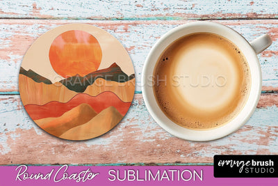 Boho Round Coaster Sublimation, Minimalist Landscape Design Sublimation OrangeBrushStudio 