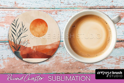 Boho Round Coaster Sublimation, Minimalist Landscape Design Sublimation OrangeBrushStudio 