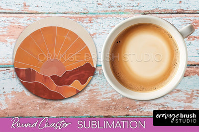 Boho Round Coaster Sublimation, Minimalist Landscape Design Sublimation OrangeBrushStudio 