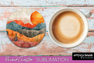 Boho Round Coaster Sublimation, Minimalist Landscape Design Sublimation OrangeBrushStudio 