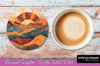 Boho Round Coaster Sublimation, Minimalist Landscape Design Sublimation OrangeBrushStudio 