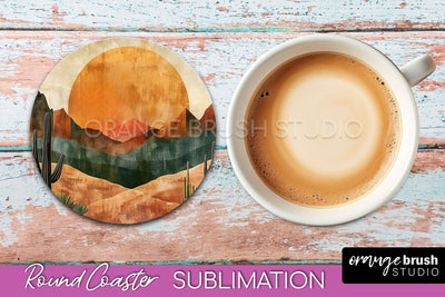 Boho Round Coaster Sublimation, Minimalist Landscape Design Sublimation OrangeBrushStudio 