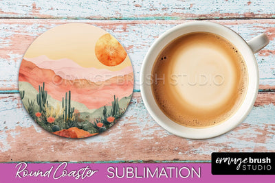 Boho Round Coaster Sublimation, Minimalist Landscape Design Sublimation OrangeBrushStudio 