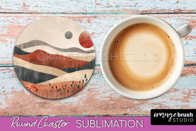 Boho Round Coaster Sublimation, Minimalist Landscape Design Sublimation OrangeBrushStudio 