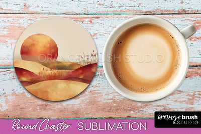 Boho Round Coaster Sublimation, Minimalist Landscape Design Sublimation OrangeBrushStudio 