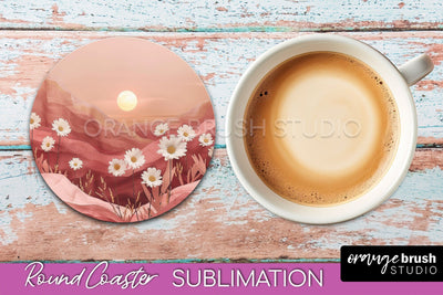 Boho Round Coaster Sublimation, Minimalist Landscape Design Sublimation OrangeBrushStudio 