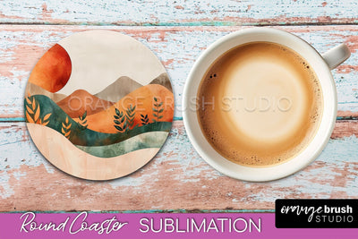 Boho Round Coaster Sublimation, Minimalist Landscape Design Sublimation OrangeBrushStudio 