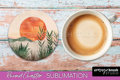 Boho Round Coaster Sublimation, Minimalist Landscape Design Sublimation OrangeBrushStudio 