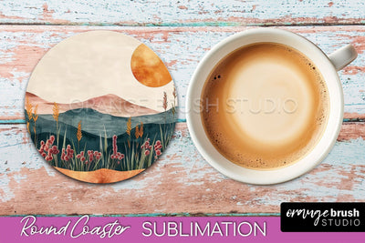 Boho Round Coaster Sublimation, Minimalist Landscape Design Sublimation OrangeBrushStudio 