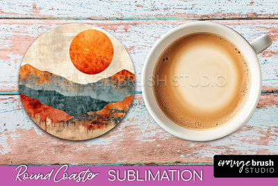 Boho Round Coaster Sublimation, Minimalist Landscape Design Sublimation OrangeBrushStudio 