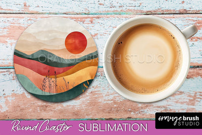 Boho Round Coaster Sublimation, Minimalist Landscape Design Sublimation OrangeBrushStudio 