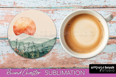 Boho Round Coaster Sublimation, Minimalist Landscape Design Sublimation OrangeBrushStudio 