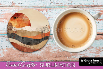Boho Round Coaster Sublimation, Minimalist Landscape Design Sublimation OrangeBrushStudio 
