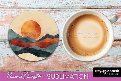 Boho Round Coaster Sublimation, Minimalist Landscape Design Sublimation OrangeBrushStudio 