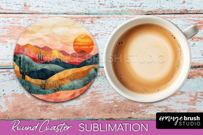Boho Round Coaster Sublimation, Minimalist Landscape Design Sublimation OrangeBrushStudio 