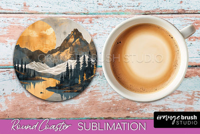 Boho Round Coaster Sublimation, Minimalist Landscape Design Sublimation OrangeBrushStudio 