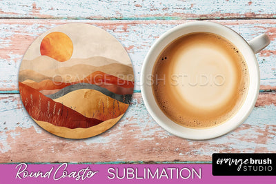 Boho Round Coaster Sublimation, Minimalist Landscape Design Sublimation OrangeBrushStudio 
