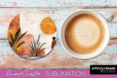 Boho Round Coaster Sublimation, Minimalist Landscape Design Sublimation OrangeBrushStudio 