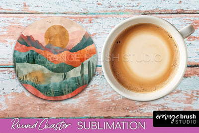Boho Round Coaster Sublimation, Minimalist Landscape Design Sublimation OrangeBrushStudio 