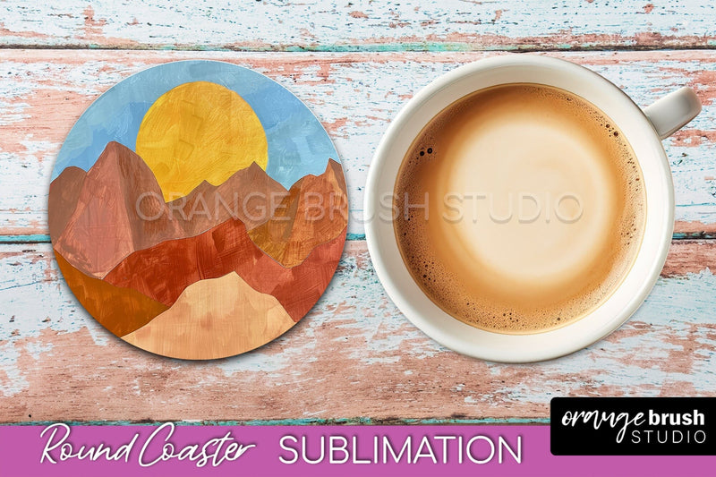 Boho Round Coaster Sublimation, Minimalist Landscape Design Sublimation OrangeBrushStudio 