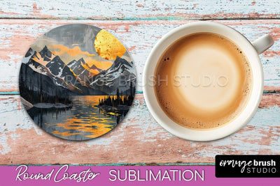Boho Round Coaster Sublimation, Minimalist Landscape Design Sublimation OrangeBrushStudio 