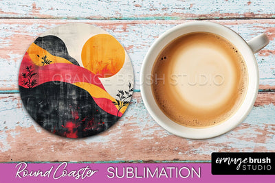 Boho Round Coaster Sublimation, Minimalist Landscape Design Sublimation OrangeBrushStudio 