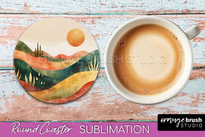 Boho Round Coaster Sublimation, Minimalist Landscape Design Sublimation OrangeBrushStudio 