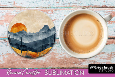 Boho Round Coaster Sublimation, Minimalist Landscape Design Sublimation OrangeBrushStudio 