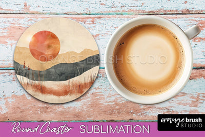 Boho Round Coaster Sublimation, Minimalist Landscape Design Sublimation OrangeBrushStudio 