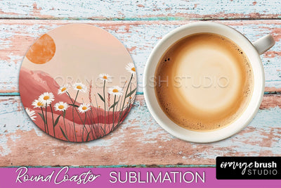 Boho Round Coaster Sublimation, Minimalist Landscape Design Sublimation OrangeBrushStudio 