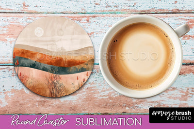 Boho Round Coaster Sublimation, Minimalist Landscape Design Sublimation OrangeBrushStudio 
