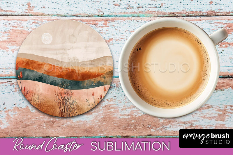Boho Round Coaster Sublimation, Minimalist Landscape Design Sublimation OrangeBrushStudio 