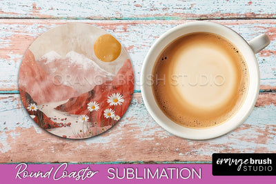 Boho Round Coaster Sublimation, Minimalist Landscape Design Sublimation OrangeBrushStudio 