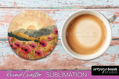 Boho Round Coaster Sublimation, Minimalist Landscape Design Sublimation OrangeBrushStudio 