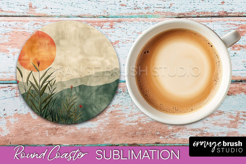 Boho Round Coaster Sublimation, Minimalist Landscape Design Sublimation OrangeBrushStudio 