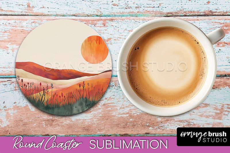 Boho Round Coaster Sublimation, Minimalist Landscape Design Sublimation OrangeBrushStudio 