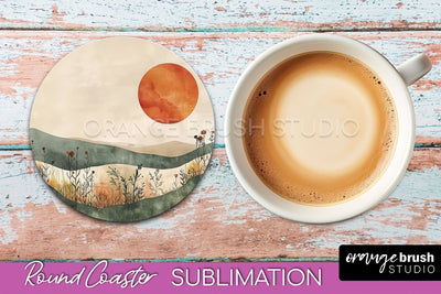 Boho Round Coaster Sublimation, Minimalist Landscape Design Sublimation OrangeBrushStudio 