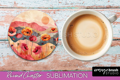 Boho Round Coaster Sublimation, Minimalist Landscape Design Sublimation OrangeBrushStudio 