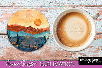 Boho Round Coaster Sublimation, Minimalist Landscape Design Sublimation OrangeBrushStudio 