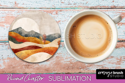 Boho Round Coaster Sublimation, Minimalist Landscape Design Sublimation OrangeBrushStudio 