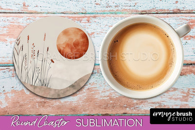 Boho Round Coaster Sublimation, Minimalist Landscape Design Sublimation OrangeBrushStudio 