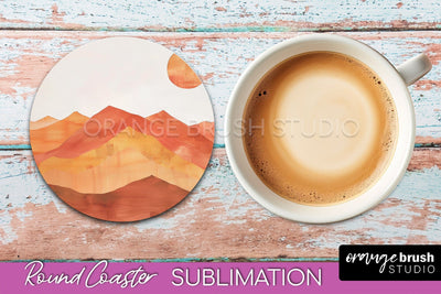 Boho Round Coaster Sublimation, Minimalist Landscape Design Sublimation OrangeBrushStudio 
