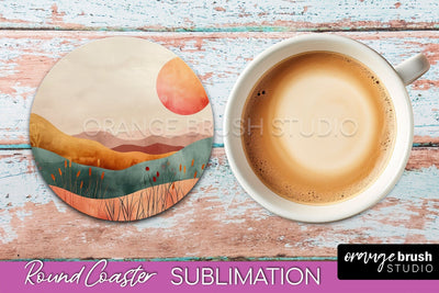 Boho Round Coaster Sublimation, Minimalist Landscape Design Sublimation OrangeBrushStudio 