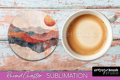 Boho Round Coaster Sublimation, Minimalist Landscape Design Sublimation OrangeBrushStudio 