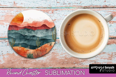 Boho Round Coaster Sublimation, Minimalist Landscape Design Sublimation OrangeBrushStudio 