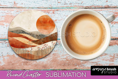 Boho Round Coaster Sublimation, Minimalist Landscape Design Sublimation OrangeBrushStudio 