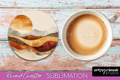Boho Round Coaster Sublimation, Minimalist Landscape Design Sublimation OrangeBrushStudio 