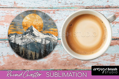 Boho Round Coaster Sublimation, Minimalist Landscape Design Sublimation OrangeBrushStudio 