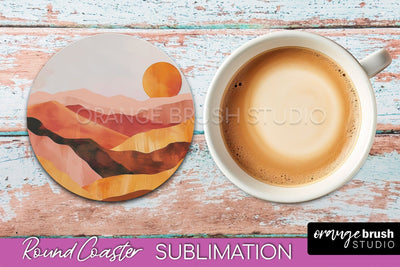 Boho Round Coaster Sublimation, Minimalist Landscape Design Sublimation OrangeBrushStudio 